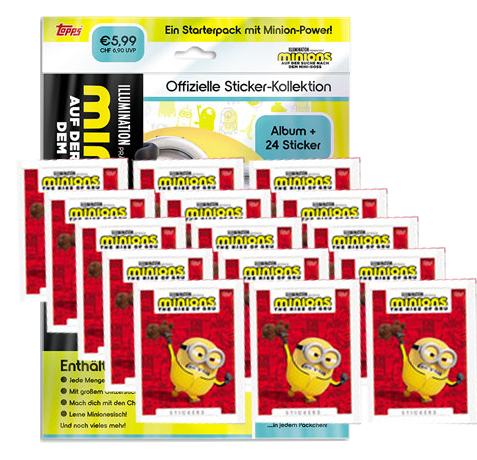 Topps Minions Sticker 2022 Suche nach dem Mini-Boss - 1x Starterpack + 15x Stickertüten