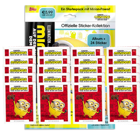 Topps Minions Sticker 2022 Suche nach dem Mini-Boss - 1x Starterpack + 20x Stickertüten