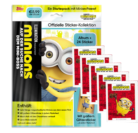 Topps Minions Sticker 2022 Suche nach dem Mini-Boss - 1x Starterpack + 5x Stickertüten