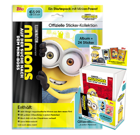 Topps Minions Sticker 2022 Suche nach dem Mini-Boss - 1x Starterpack + 1x Display je 36x Tüten