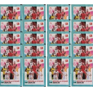 Topps Bundesliga Sticker Saison 2024/2025 / 20x Stickertüten Sie erhalten: Topps Bundesliga Sticker Saison 2024/2025 / 20x Stickertüten Inhalt je Stickertüte 7x Sammelsticker Topps Bundesliga Sticker Saison 2024/2025 – 15x Stickertüten Entdecken Sie die aufregende Welt der Topps Bundesliga Sticker Saison 2024/2025! Dieses Set enthält 20 Stickertüten, die jeweils mit 7 Sammelstickern gefüllt sind. Ideal für Sammler und Fußballfans, die ihre Leidenschaft für die deutsche Bundesliga zum Ausdruck bringen möchten. Produktdetails: Produkt: Topps Bundesliga Sticker Saison 2024/2025 Inhalt: 20 Stickertüten Inhalt je Stickertüte: 7 Sammelsticker Gesamtanzahl der Sticker pro Set: 140 Sammelsticker mit über 500 verschiedenen Designs, darunter Spieler, Teams und besondere Momente der Saison. ( es können auch doppelte Sticker darunter sein, für den Inhalt können wir keine Garantie geben) Highlights der Kollektion: Die Topps Bundesliga Sticker bieten eine Vielzahl von Motiven, die die Stars der Liga in Aktion zeigen. Jedes Stickerbild enthält nicht nur das Abbild des Spielers, sondern auch interessante Statistiken und Informationen zu den jeweiligen Teams. Diese Kollektion ist perfekt geeignet, um Ihre Sammlung zu erweitern oder um doppelte Sticker mit anderen Fans zu tauschen. Vorteile der Stickertüten: Vielfältige Auswahl: Mit insgesamt 105 Sammelstickern aus diesem Set haben Sie die Möglichkeit, viele verschiedene Spieler und Teams zu sammeln. Sammelspaß für alle Altersgruppen: Die Sticker sind sowohl bei Kindern als auch bei Erwachsenen beliebt und fördern das Gemeinschaftsgefühl unter den Fans. Ideal für Tauschaktionen: Nutzen Sie die große Anzahl an Stickern, um Ihre Sammlung schnell zu vervollständigen und doppelte Exemplare mit anderen Sammlern zu tauschen. Fazit: Die Topps Bundesliga Sticker Saison 2024/2025 – 20x Stickertüten sind ein unverzichtbares Produkt für jeden Fußballfan und Sammler. Mit insgesamt 140 Sammelstickern bietet dieses Set eine hervorragende Möglichkeit, die aufregendsten Momente der Bundesliga-Saison festzuhalten. Starten Sie Ihr Sammelabenteuer noch heute!