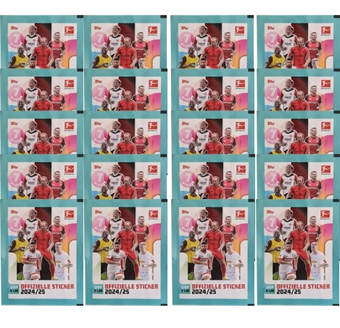 Topps Bundesliga Sticker Saison 2024/2025 / 20x Stickertüten Sie erhalten: Topps Bundesliga Sticker Saison 2024/2025 / 20x Stickertüten Inhalt je Stickertüte 7x Sammelsticker Topps Bundesliga Sticker Saison 2024/2025 – 15x Stickertüten Entdecken Sie die aufregende Welt der Topps Bundesliga Sticker Saison 2024/2025! Dieses Set enthält 20 Stickertüten, die jeweils mit 7 Sammelstickern gefüllt sind. Ideal für Sammler und Fußballfans, die ihre Leidenschaft für die deutsche Bundesliga zum Ausdruck bringen möchten. Produktdetails: Produkt: Topps Bundesliga Sticker Saison 2024/2025 Inhalt: 20 Stickertüten Inhalt je Stickertüte: 7 Sammelsticker Gesamtanzahl der Sticker pro Set: 140 Sammelsticker mit über 500 verschiedenen Designs, darunter Spieler, Teams und besondere Momente der Saison. ( es können auch doppelte Sticker darunter sein, für den Inhalt können wir keine Garantie geben) Highlights der Kollektion: Die Topps Bundesliga Sticker bieten eine Vielzahl von Motiven, die die Stars der Liga in Aktion zeigen. Jedes Stickerbild enthält nicht nur das Abbild des Spielers, sondern auch interessante Statistiken und Informationen zu den jeweiligen Teams. Diese Kollektion ist perfekt geeignet, um Ihre Sammlung zu erweitern oder um doppelte Sticker mit anderen Fans zu tauschen. Vorteile der Stickertüten: Vielfältige Auswahl: Mit insgesamt 105 Sammelstickern aus diesem Set haben Sie die Möglichkeit, viele verschiedene Spieler und Teams zu sammeln. Sammelspaß für alle Altersgruppen: Die Sticker sind sowohl bei Kindern als auch bei Erwachsenen beliebt und fördern das Gemeinschaftsgefühl unter den Fans. Ideal für Tauschaktionen: Nutzen Sie die große Anzahl an Stickern, um Ihre Sammlung schnell zu vervollständigen und doppelte Exemplare mit anderen Sammlern zu tauschen. Fazit: Die Topps Bundesliga Sticker Saison 2024/2025 – 20x Stickertüten sind ein unverzichtbares Produkt für jeden Fußballfan und Sammler. Mit insgesamt 140 Sammelstickern bietet dieses Set eine hervorragende Möglichkeit, die aufregendsten Momente der Bundesliga-Saison festzuhalten. Starten Sie Ihr Sammelabenteuer noch heute!