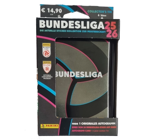 Panini Admiral Österreichische Bundesliga Sticker 2025/26 Collectors Tin – 6 Tüten + 1 Trading Card