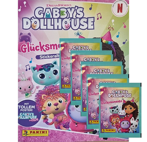 Panini Gabbys Dollhouse Glücksmomente Sticker tickeralbum + DisPanini Gabbys Dollhouse Glücksmomente Sticker Stickeralbum + 5 Stickertüten | Sticker-und-co.de