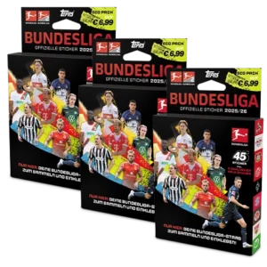 Topps Bundesliga Sticker 2025/26 – 3 Eco Packs mit je 6 Tüten + 3 exklusiven Holo-Stickern.