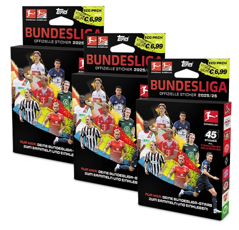 Topps Bundesliga Sticker 2025/26 – 3 Eco Packs mit je 6 Tüten + 3 exklusiven Holo-Stickern.