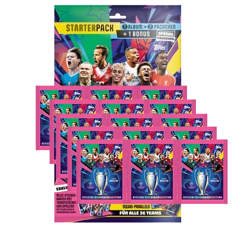 Topps Champions League Sticker 2025/26 Starterpack + 15 Tüten – 108 Sticker