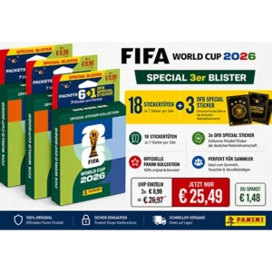 3x Panini FIFA World Cup 2026 Sticker Eco Blister mit 18 Stickertüten, 126 Stickern und 3 DFB Bonus Stickern