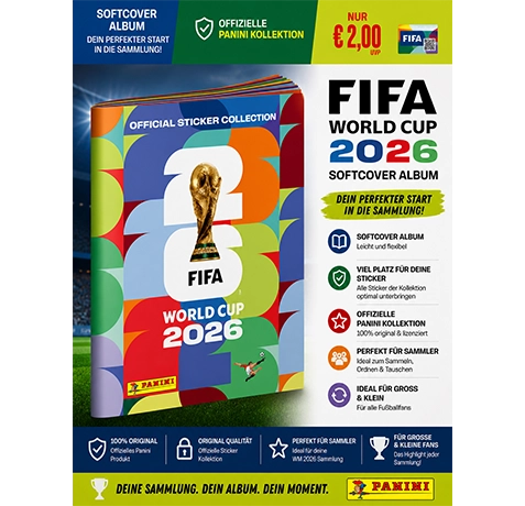 Panini FIFA World Cup 2026 Sticker Album Softcover mit 6 Stickern offizielles WM Sammelalbum