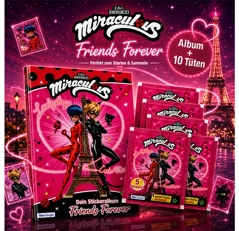 Miraculous Ladybug Friends Forever Stickeralbum und 10 Stickertüten vor Paris-Kulisse