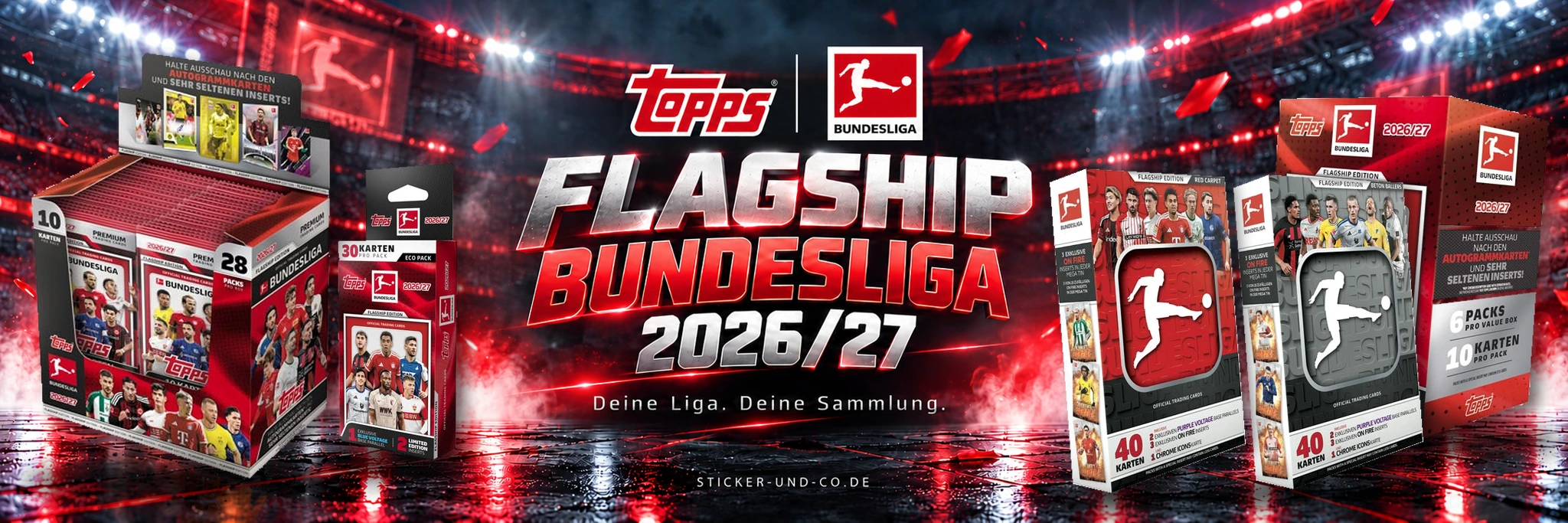 Topps Flagship Bundesliga 2026/27 mit Original-Produkten: Display, Eco Pack, Value Box und Mega Tins